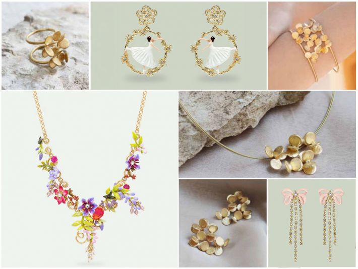 Gioielli in oro con design floreale, inclusi orecchini, bracciali e collane.